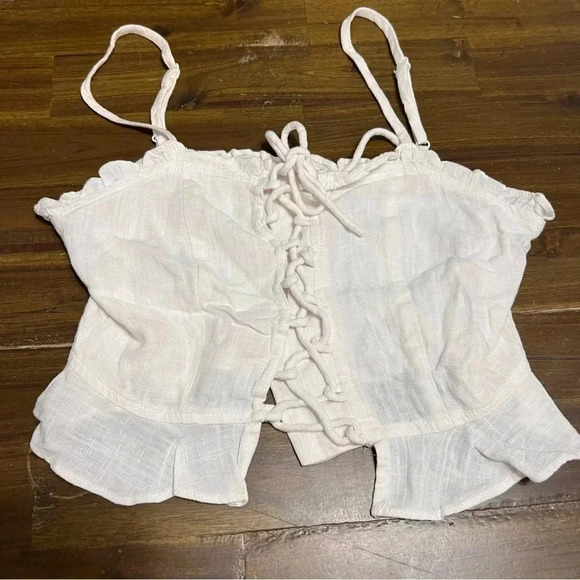 Princess Polly Daphne Top Crop Linen Lace Up Boho Beachy Resort 0 XS - Picture 2 of 5